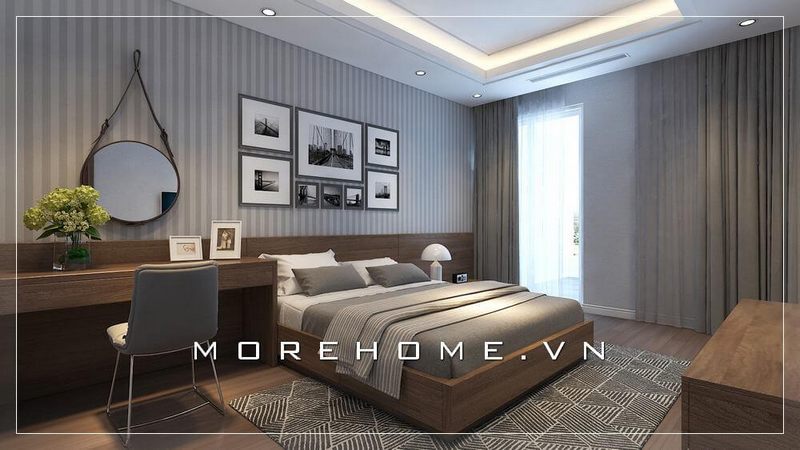 Giường ngủ 2 người được thiết kế theo kiểu dáng hiện đại, đơn giản, phía dưới tích hợp thêm ngăn kéo giúp gia chủ thuận tiện trong lưu trữ đồ dùng của mình